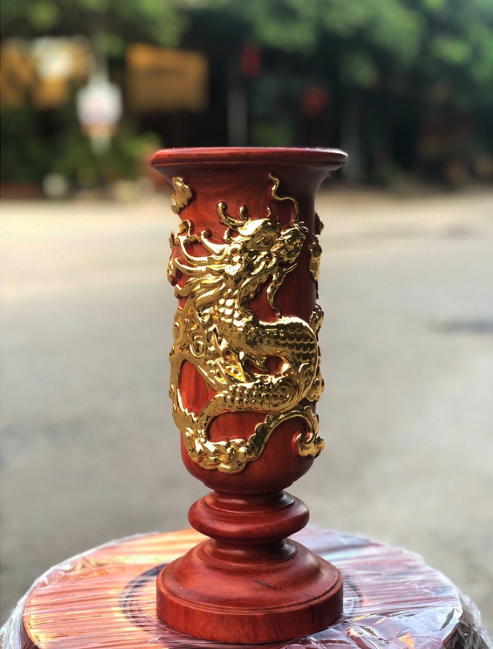 Đôi ống đựng nhang gỗ hương đục rồng